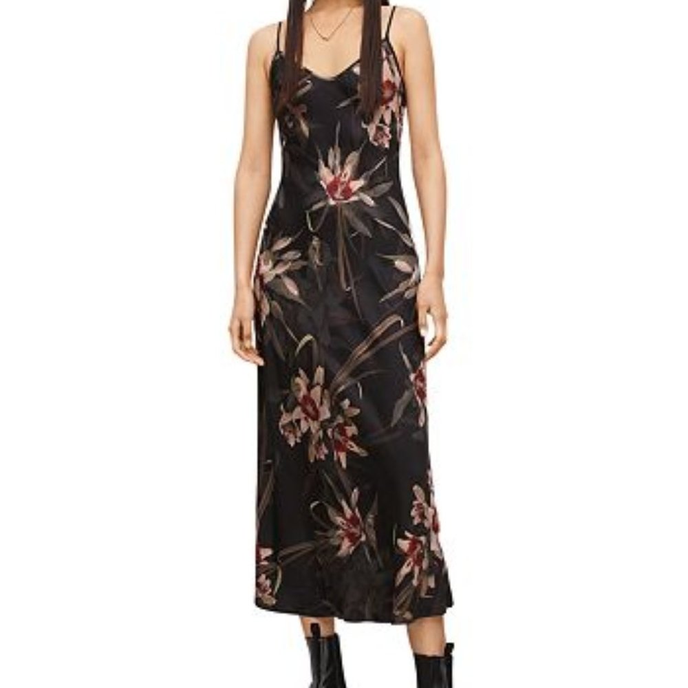 All Saints Black Pink Slip Midi Dress